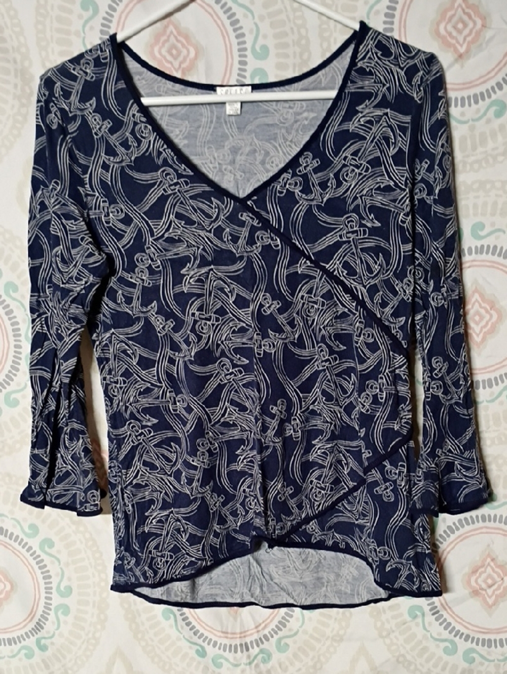 Spense Navy and White Wrap-Style Long-Sleeve Printed Top